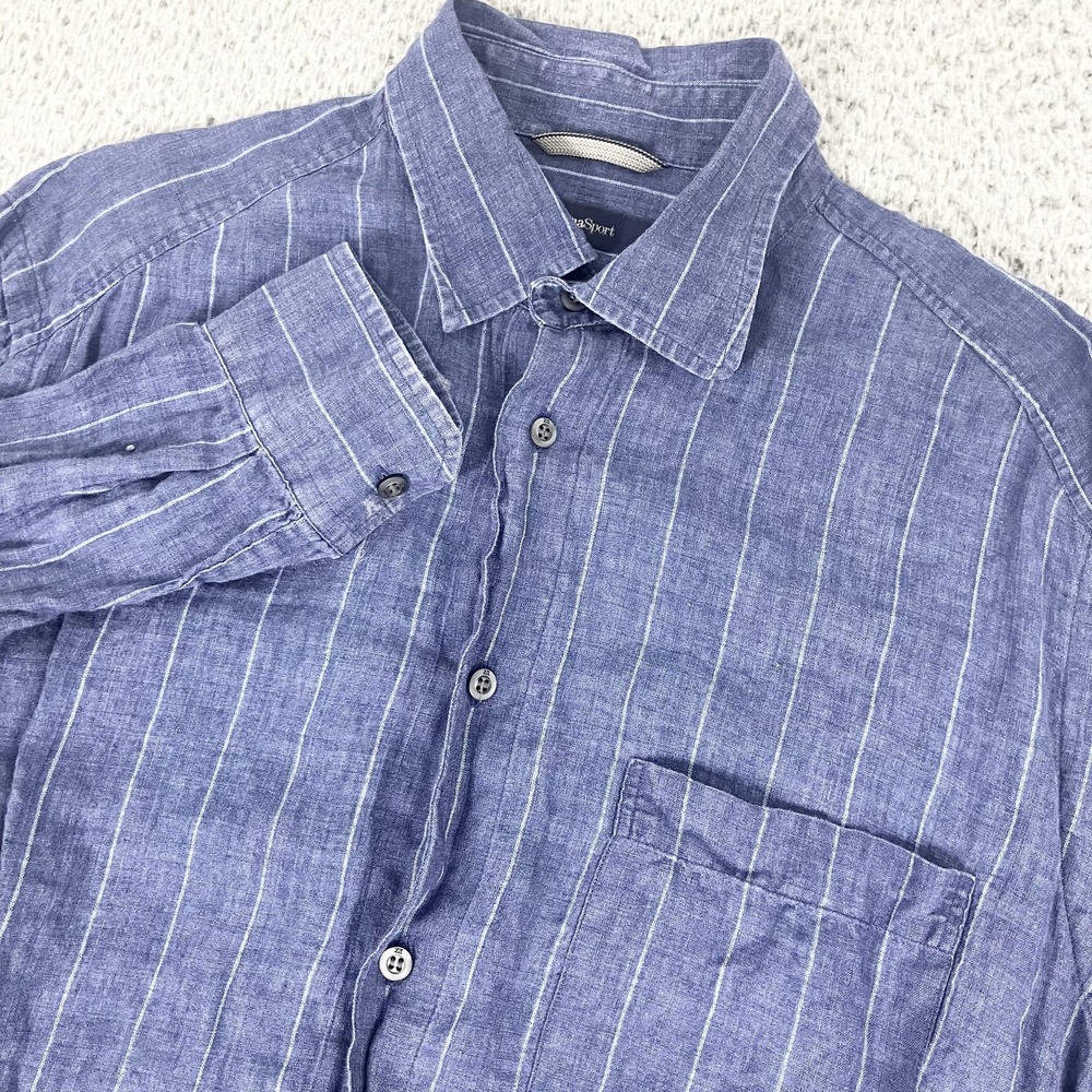 ZegnaSport Shirt Mens Medium Blue Linen Stripe Long Sleeve Button Up Casual
